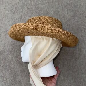 Vintage Wide Brim Straw Hat With Scarf Sash Womens Tan Made In USA Beach